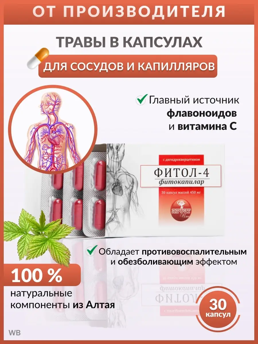 Фитосбор в капсулах Фитол-4 Фитокапилар, для профилактики и лечения тромбофлебита, 30 капс по 450 мг
Фитосбор в капсулах Фитол-4 Фитокапилар, для профилактики и лечения тромбофлебита, 30 капс по 450 мг