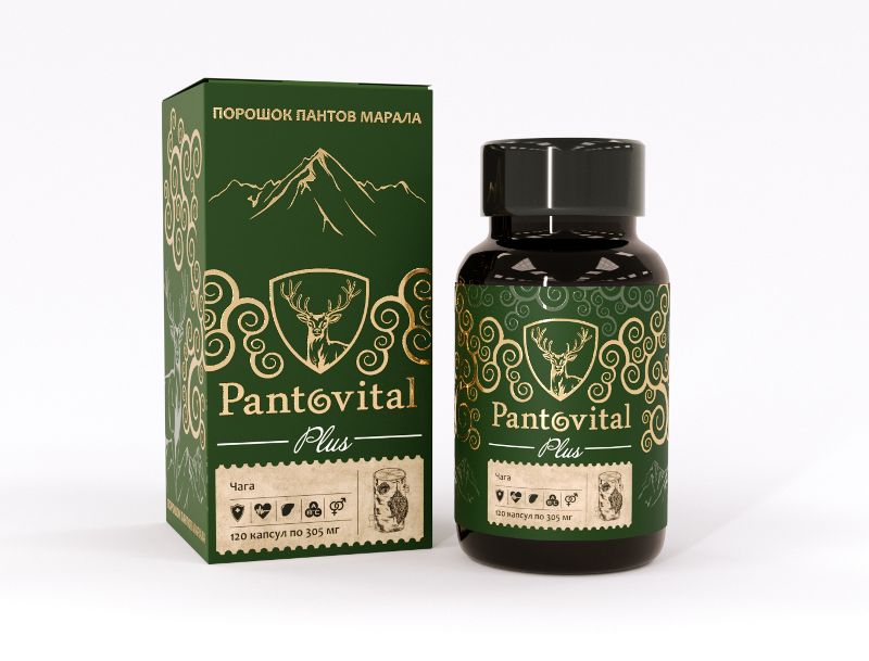 Пантовитал+ с грибом Чага (120 капсул по 305 мг), Pantovital