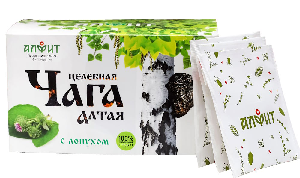 Целебная Чага Алтая, с лопухом, 40 г (20 ф-пак по 2 г), Алфит