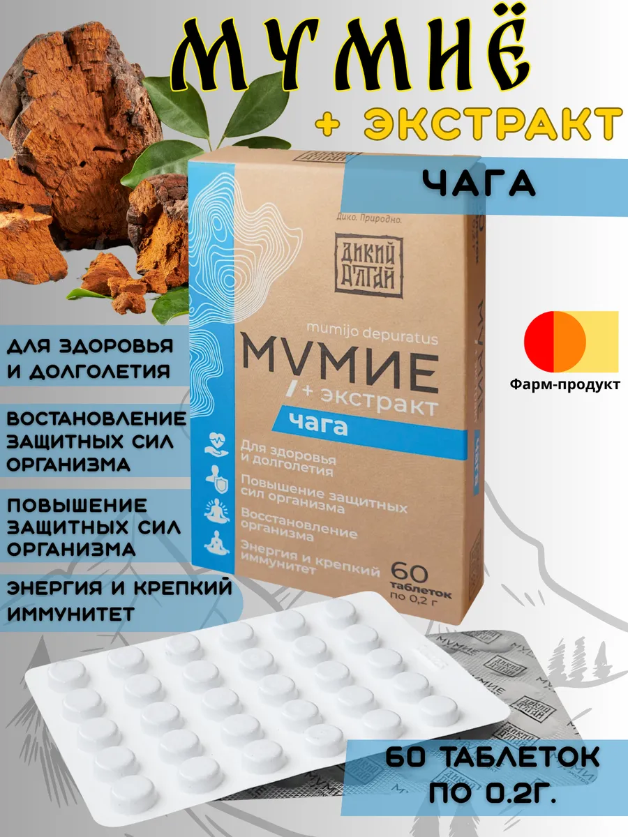 Мумие экстракт Чага таблетки 60 шт Дикий алтай 344₽